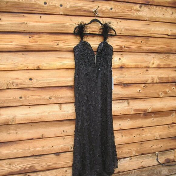 MAC DUGGAL 20889 Womens Black Sheer Applique Bustier Gown  with Feather Straps - Picture 6 of 14